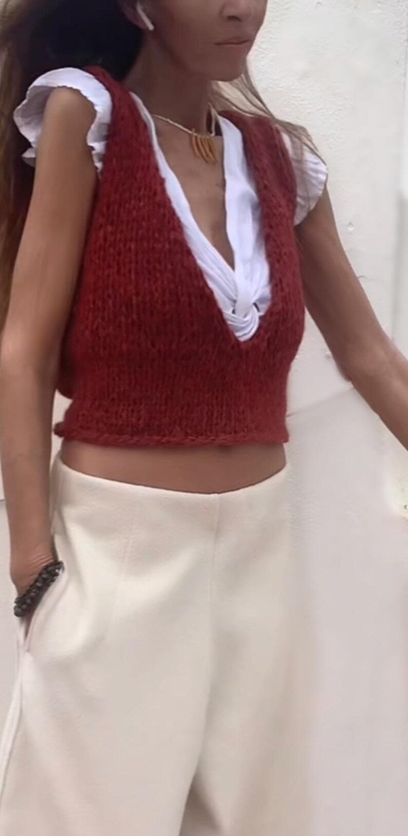 orange v neck crop tank, alpaca wool vest, tank top spring summer tank top.