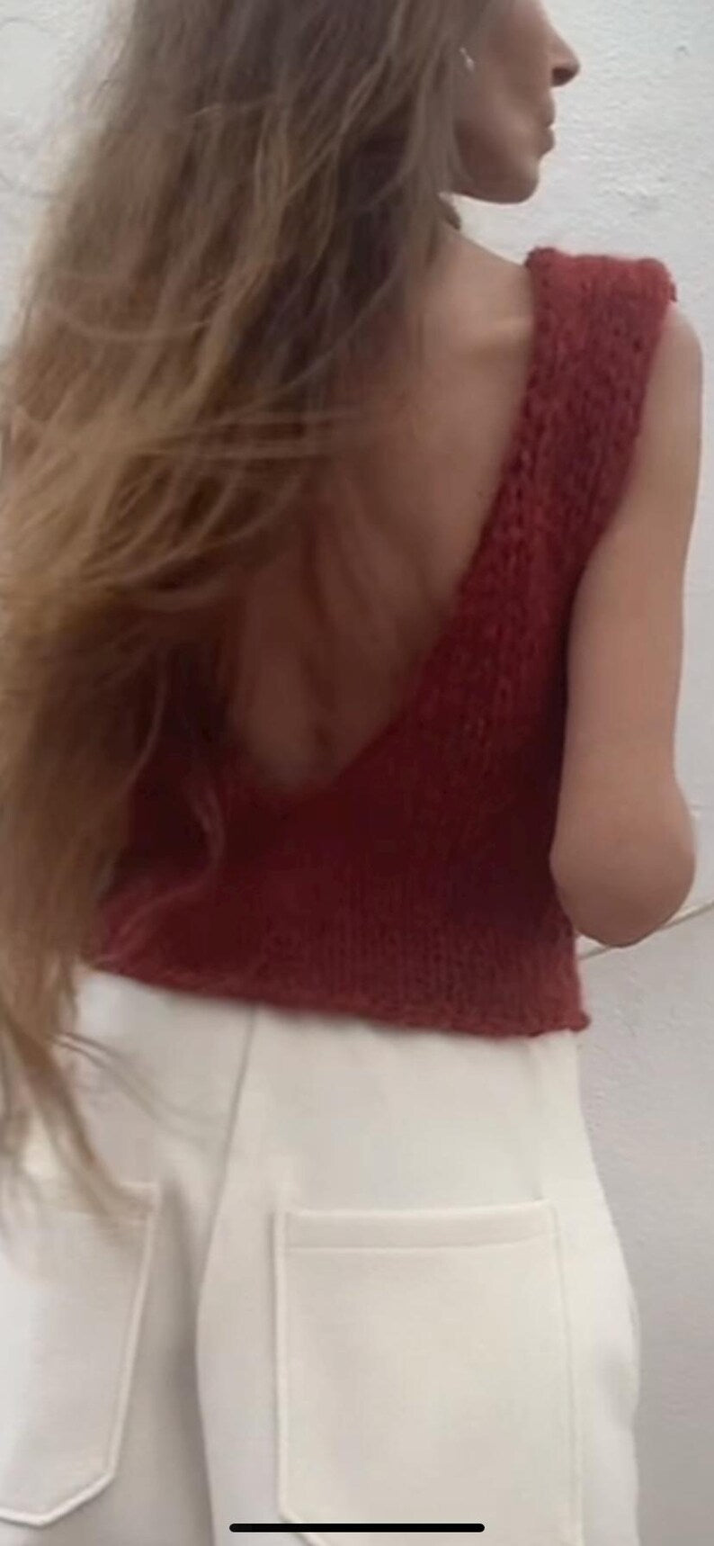 orange v neck crop tank, alpaca wool vest, tank top spring summer tank top.