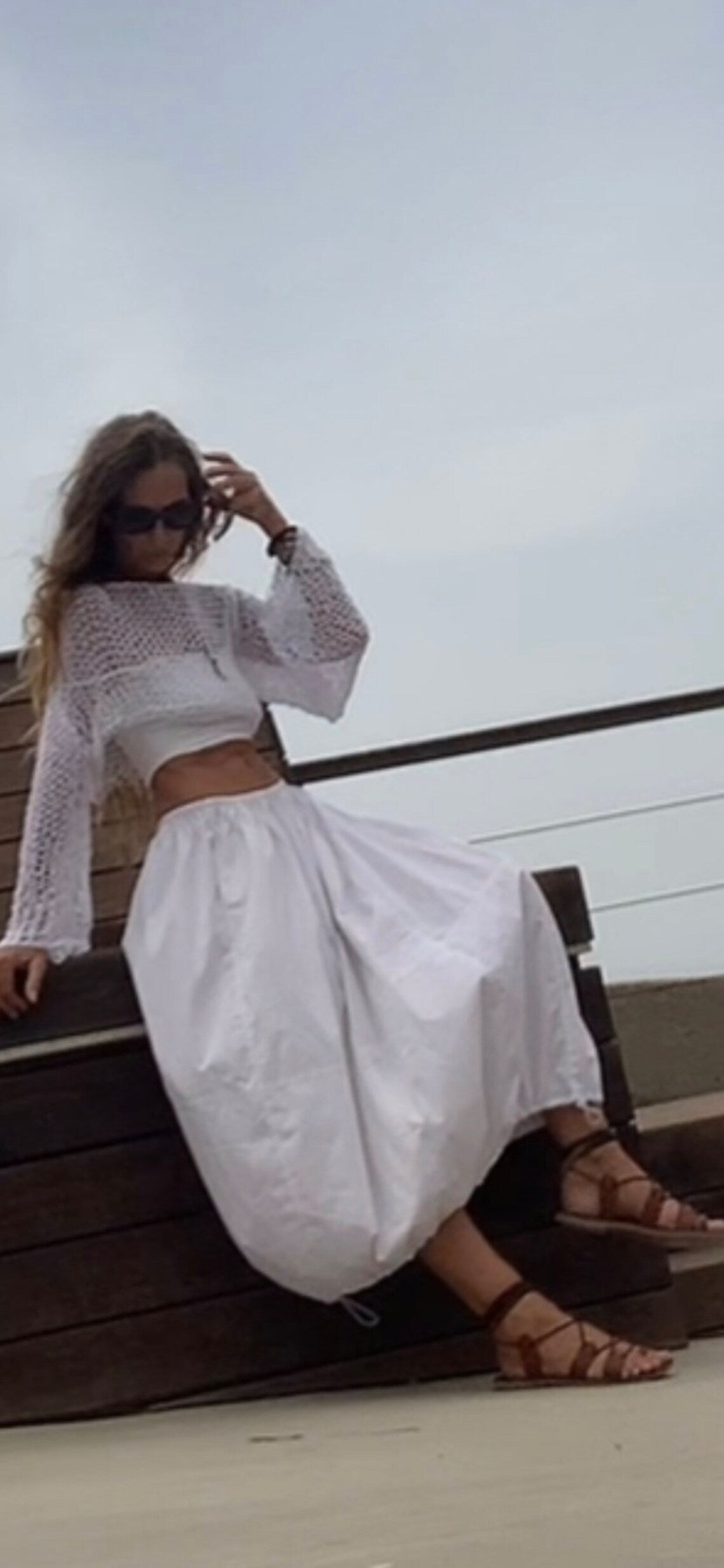 White crop top, micro top, cotton beach wear, slouchy sweater, lightweight loose knit, dance, yoga. ballet, cotton top
