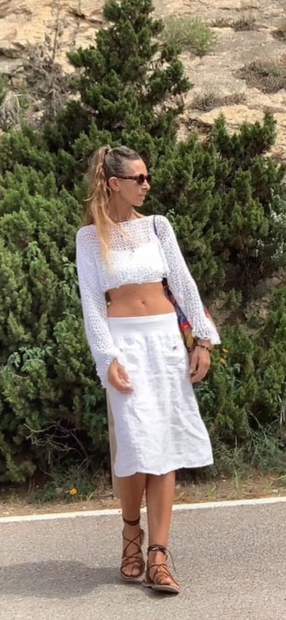 White crop top, micro top, cotton beach wear, slouchy sweater, lightweight loose knit, dance, yoga. ballet, cotton top