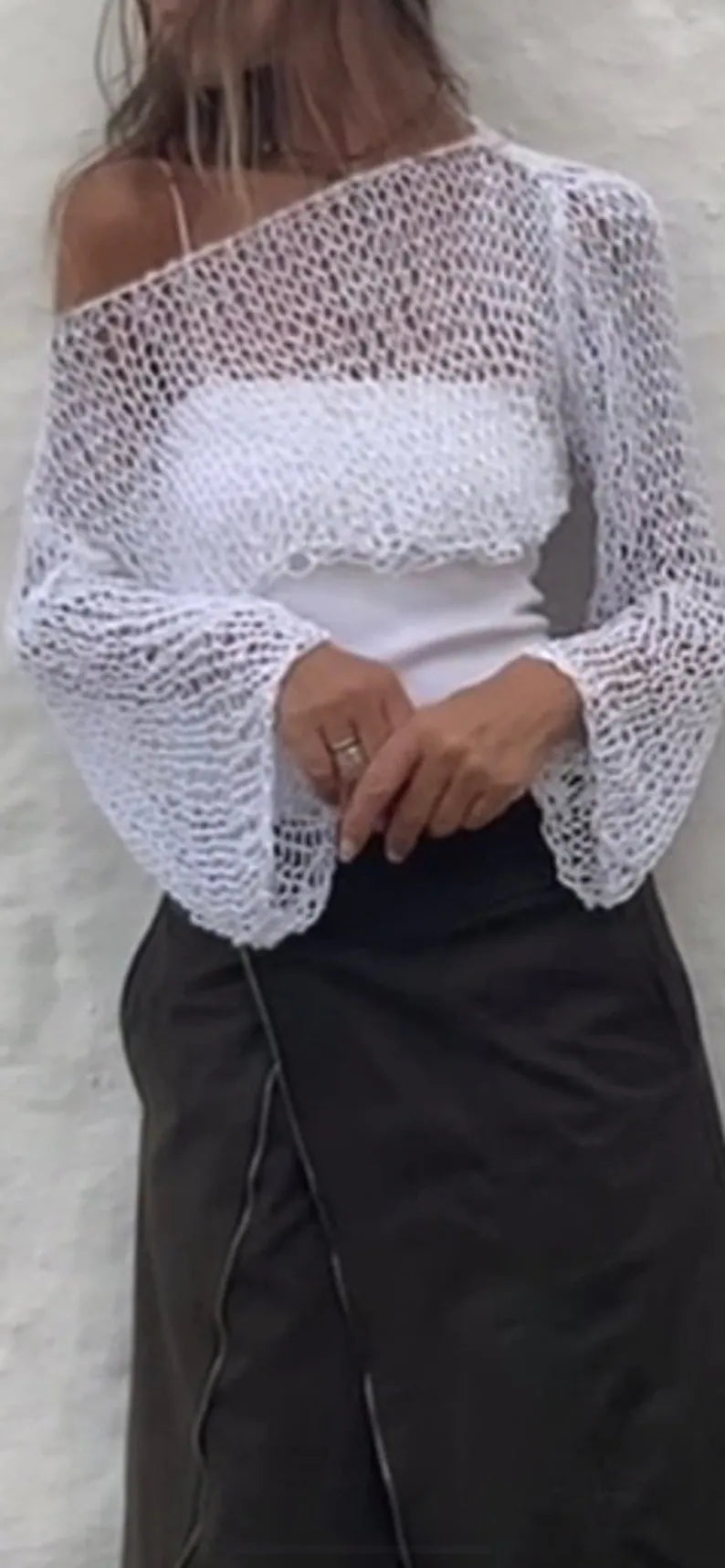 White crop top, micro top, cotton beach wear, slouchy sweater, lightweight loose knit, dance, yoga. ballet, cotton top