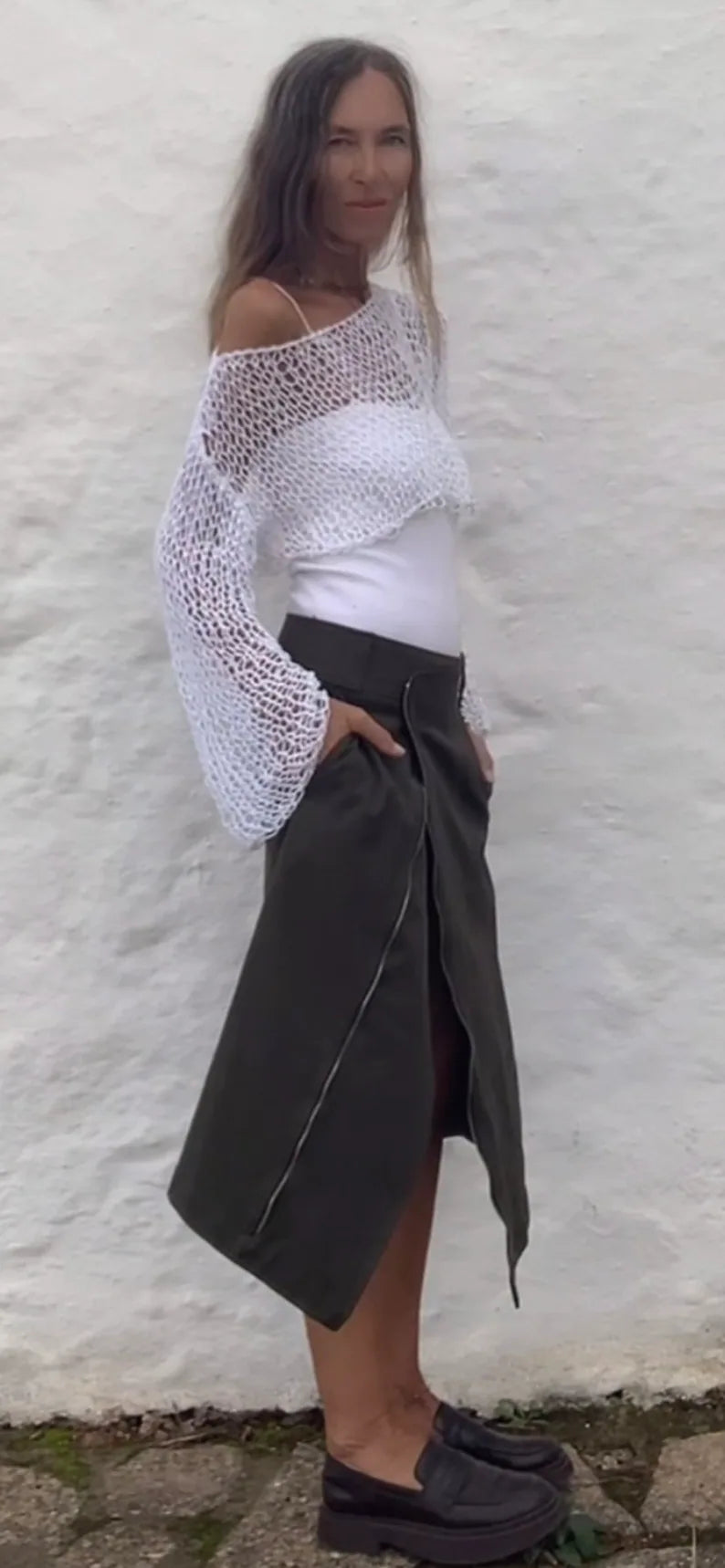 White crop top, micro top, cotton beach wear, slouchy sweater, lightweight loose knit, dance, yoga. ballet, cotton top