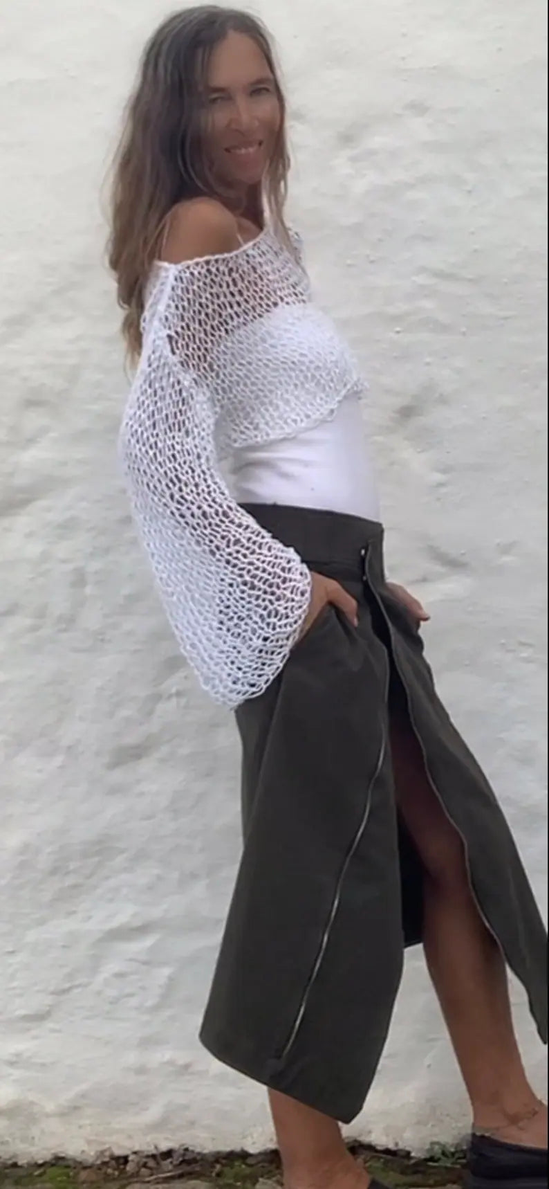 White crop top, micro top, cotton beach wear, slouchy sweater, lightweight loose knit, dance, yoga. ballet, cotton top