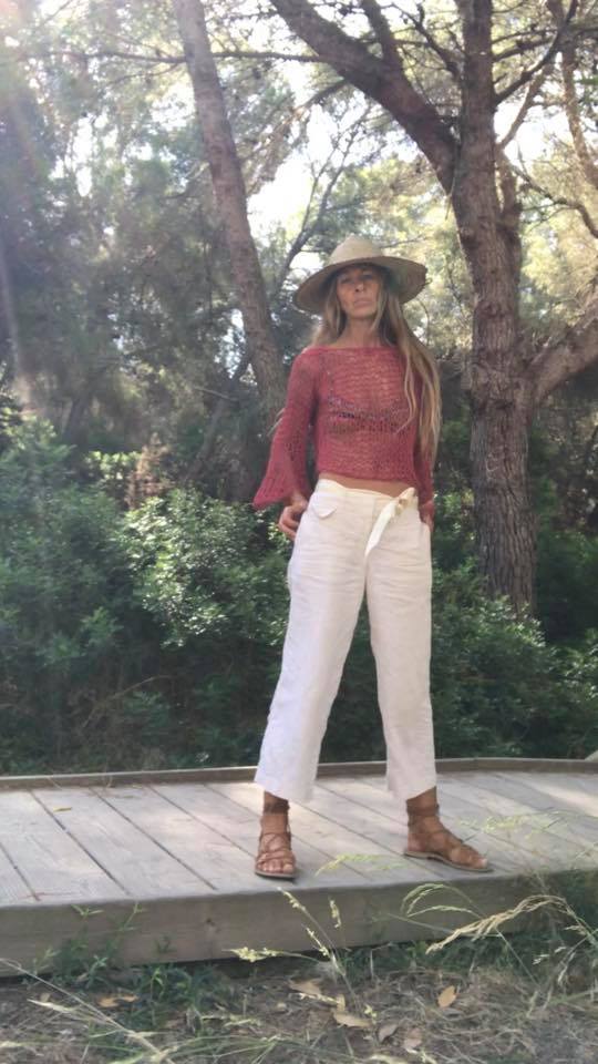 Red cotton v back summer sweater, open back loose knit with wide sleeves