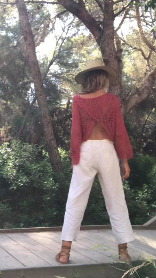 Red cotton v back summer sweater, open back loose knit with wide sleeves