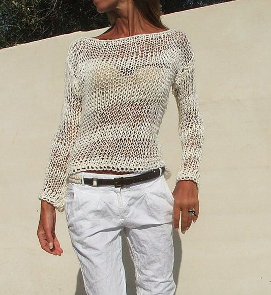 white sweater White Linen Cotton mix loose knit stripe sweater summer sweater, pullover