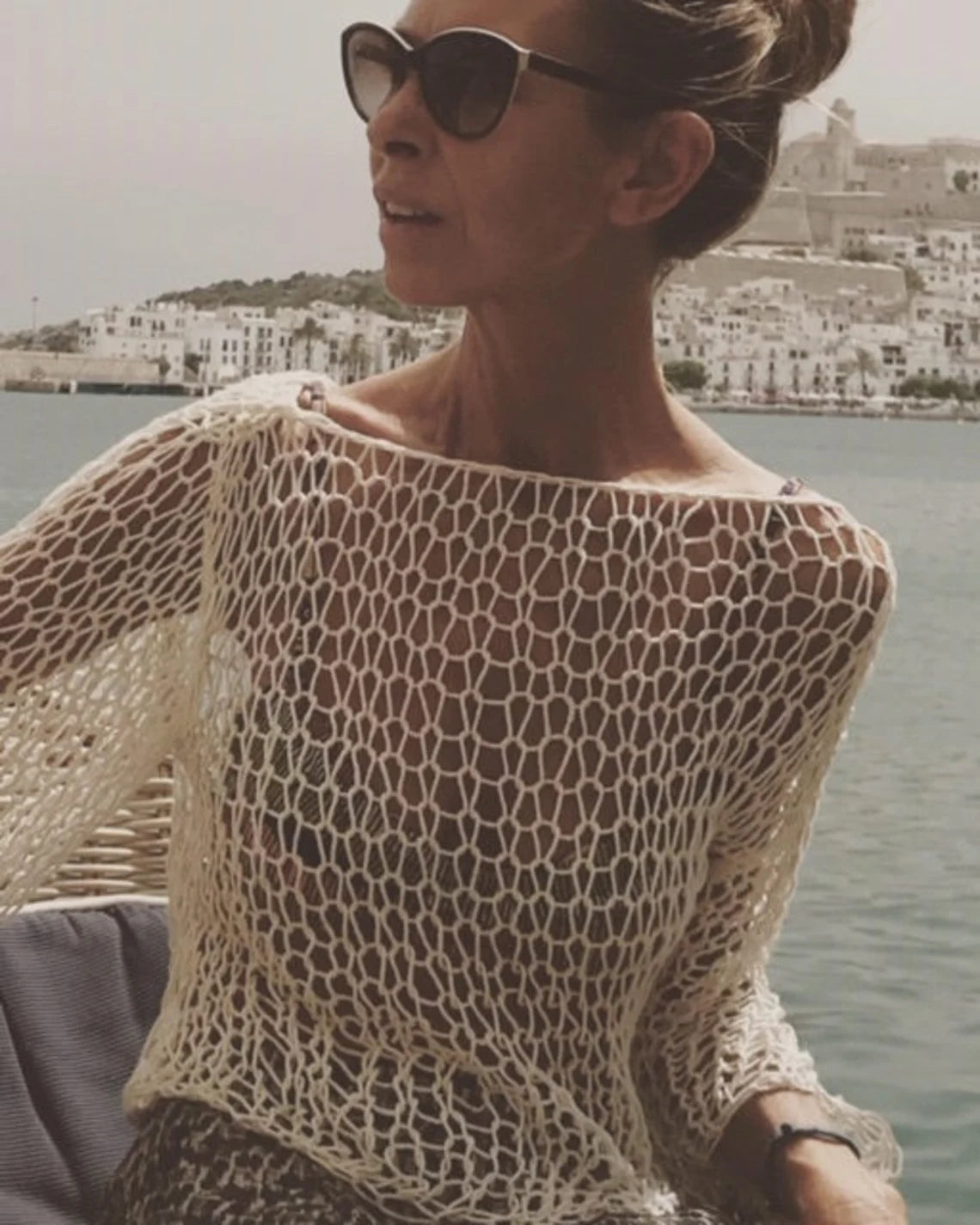 ivory white slouchy cotton crop top, beach sweater, boho, beachwear, summer sweater lightweight loose knit Women's v back,