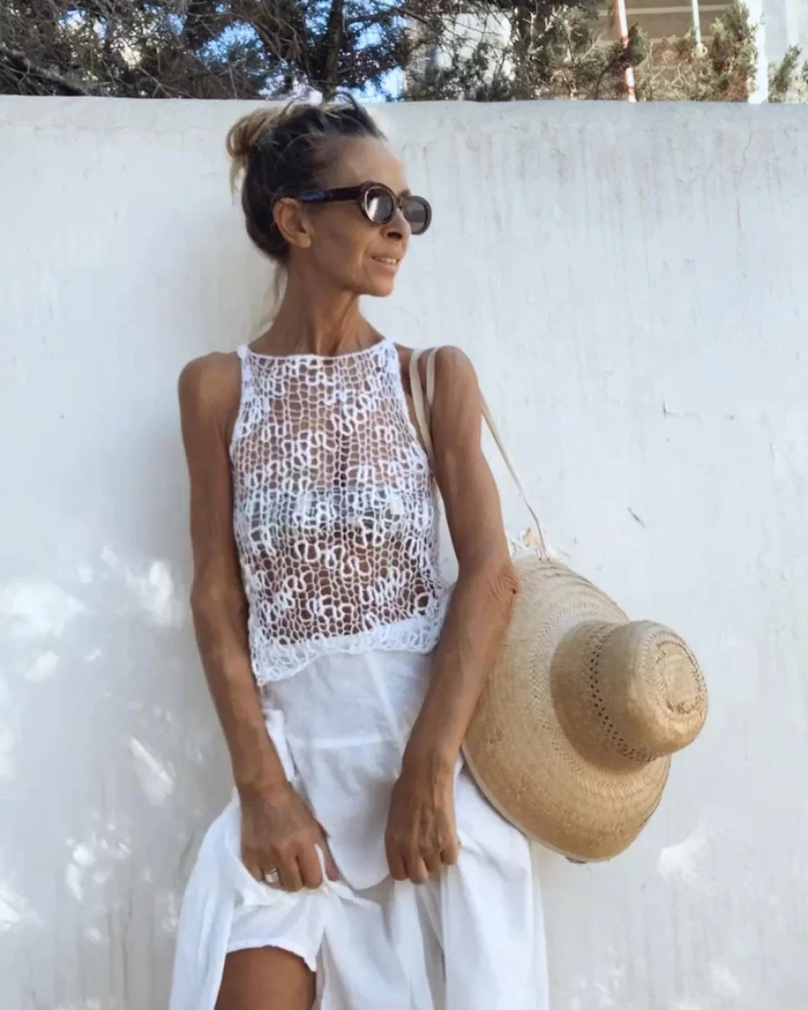 white Sheer knit tank top with a stepped hemline, summer sweater, cotton tank top, silver gray vest, iLE AiYE organic knitwear