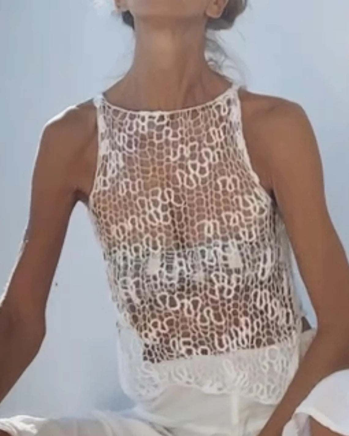 white Sheer knit tank top with a stepped hemline, summer sweater, cotton tank top, silver gray vest, iLE AiYE organic knitwear