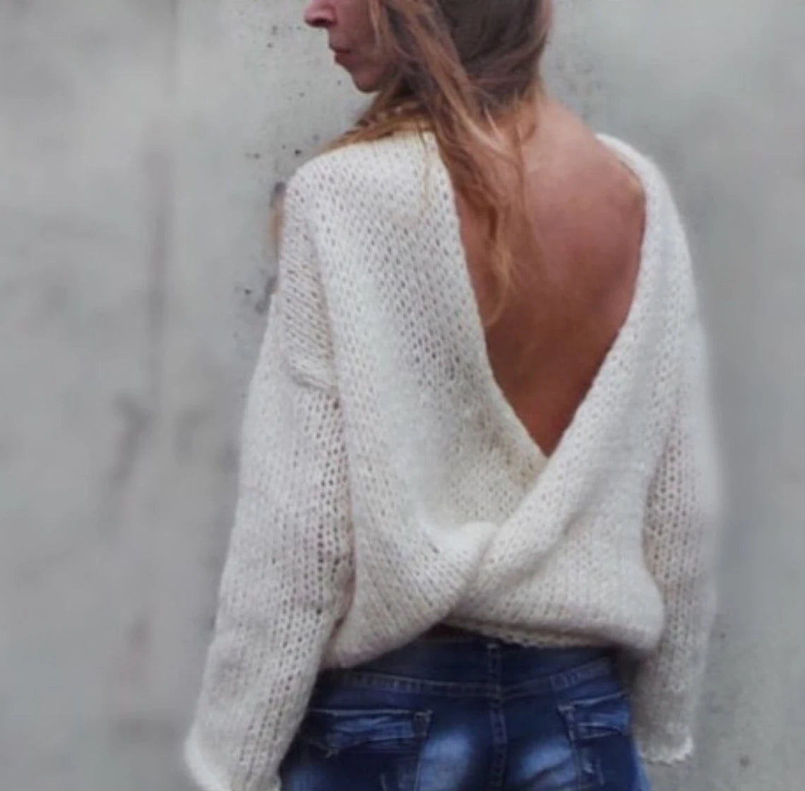 ivory white v back sweater women's slouchy backless pullover