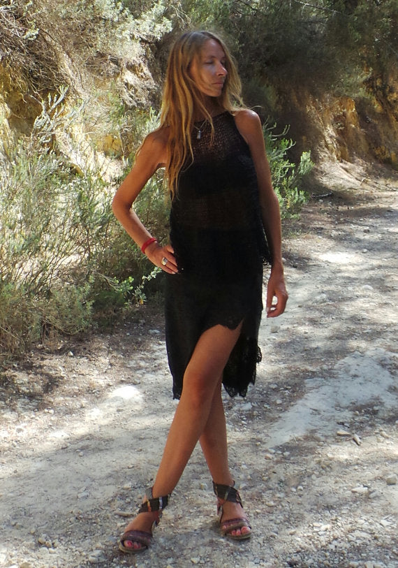 Black cotton linen blend swing tank top, loose knit summer knit top