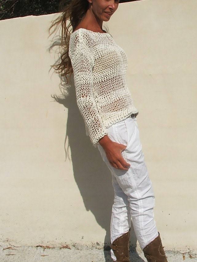 white sweater White Linen Cotton mix loose knit stripe sweater summer sweater, pullover
