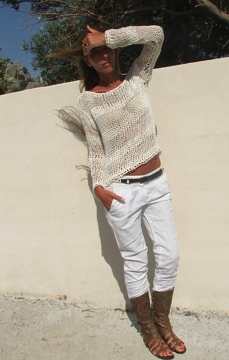 white sweater White Linen Cotton mix loose knit stripe sweater summer sweater, pullover