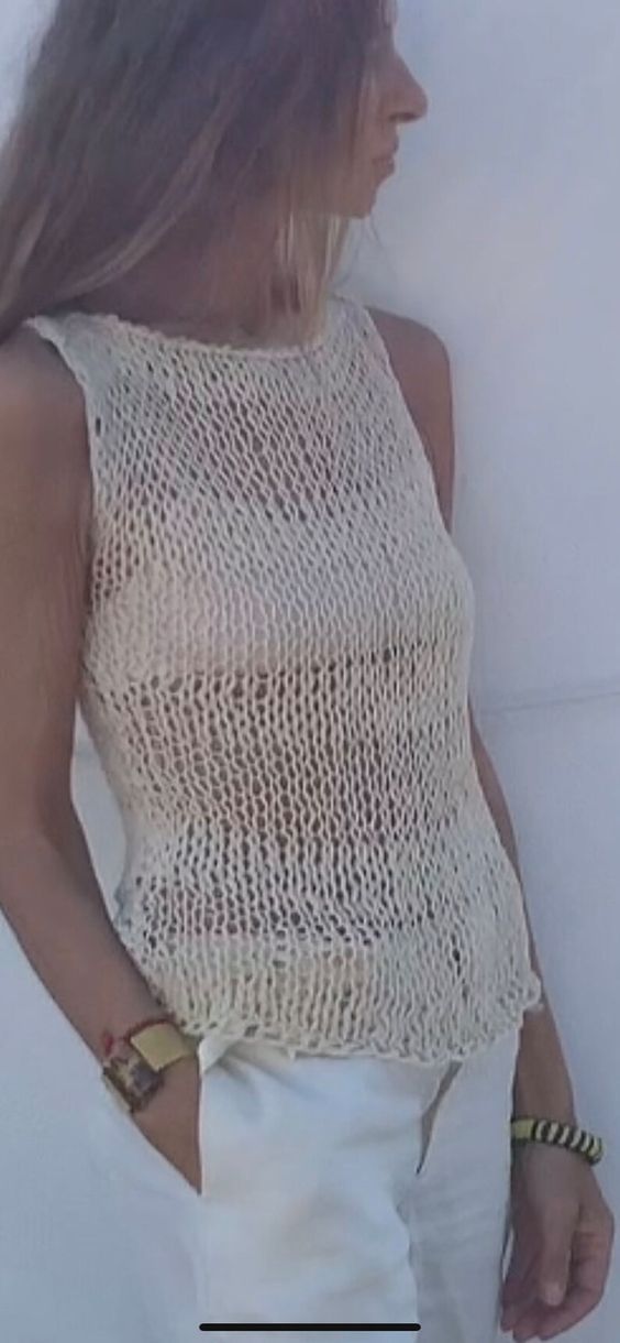 beige sheer knit tank top/vest/cotton linen/stripe top/loose weave/summer vest/ecru