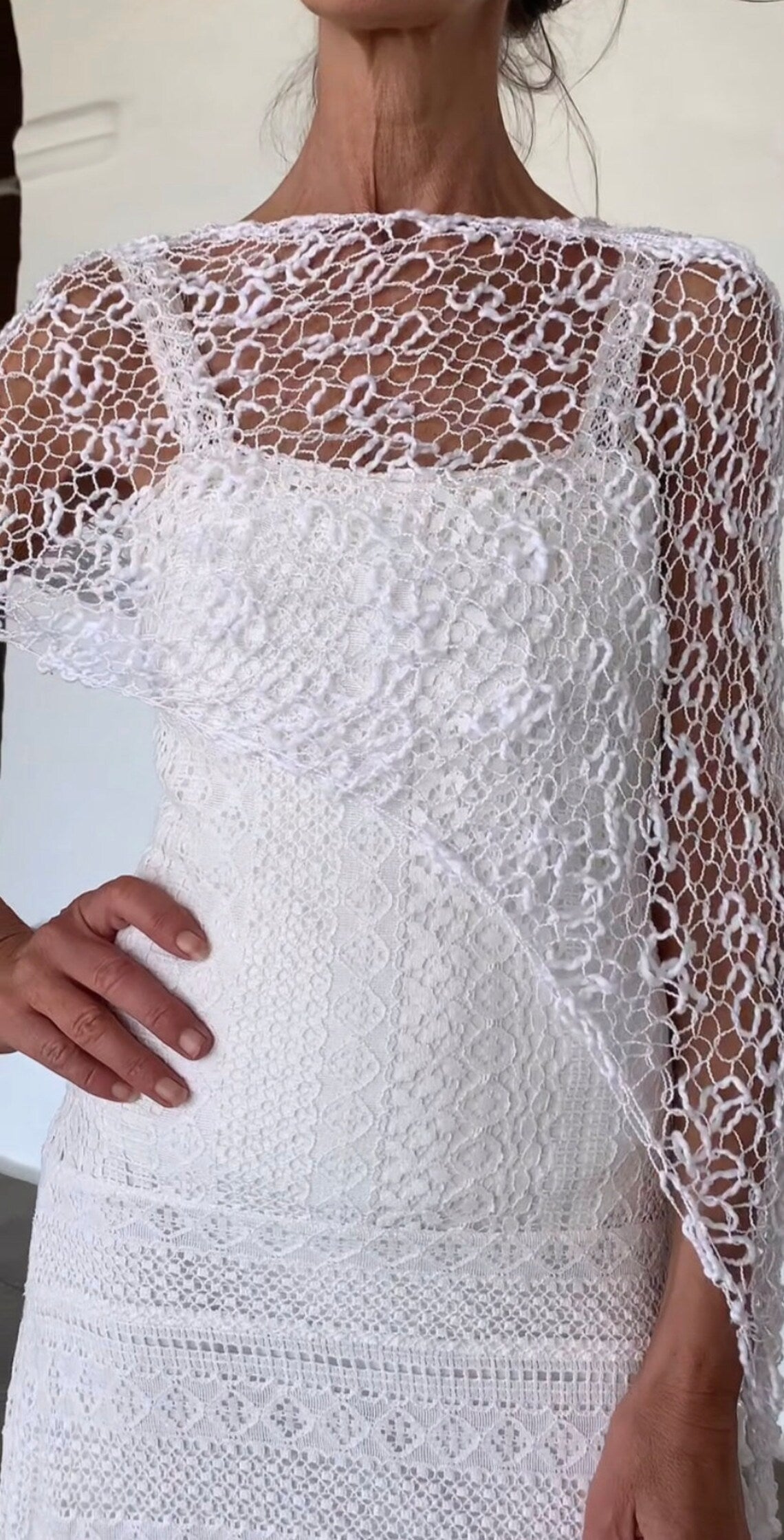 White sheer knit poncho, loose knit summer cover up, vegan clothing, evening top