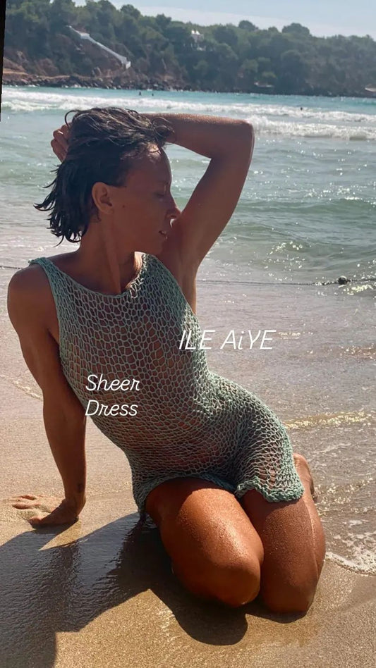 sea green linen sheer knit backless dress, beach wear, summer dress