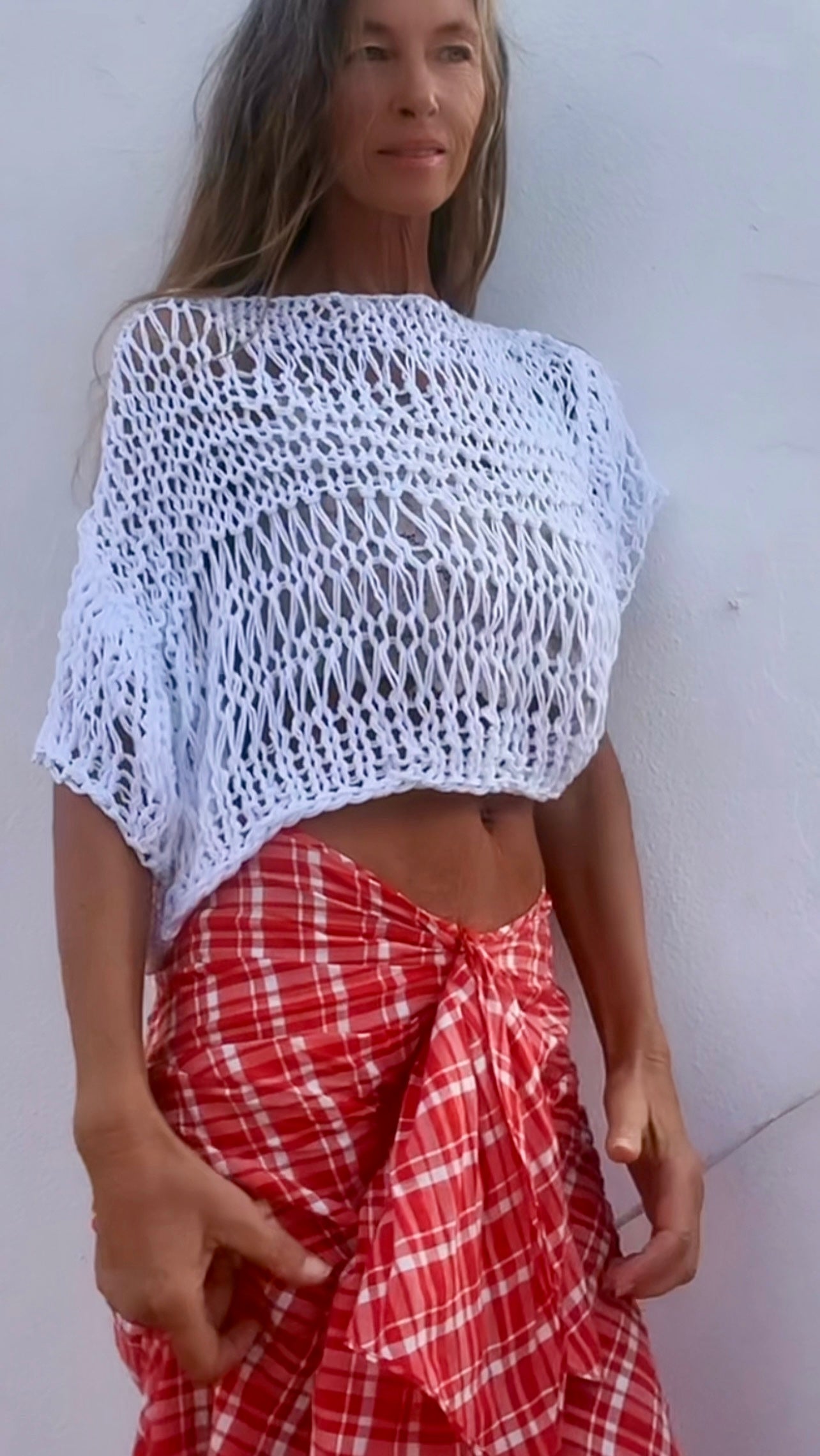 White Cotton Knit Crop Top: Open Weave Summer Sweater