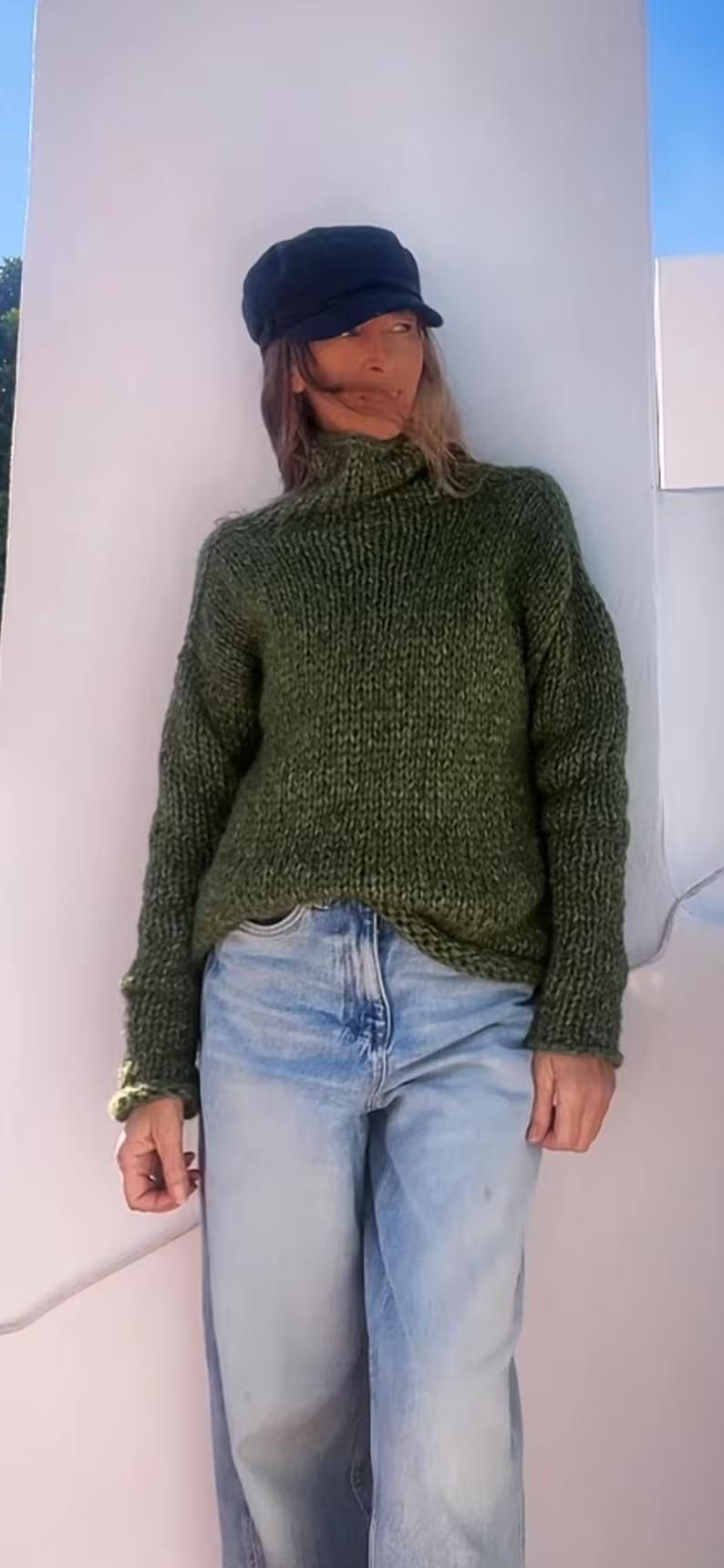 Green Alpaca Blend Sweater: Oversized Slouchy Poloneck Jumper