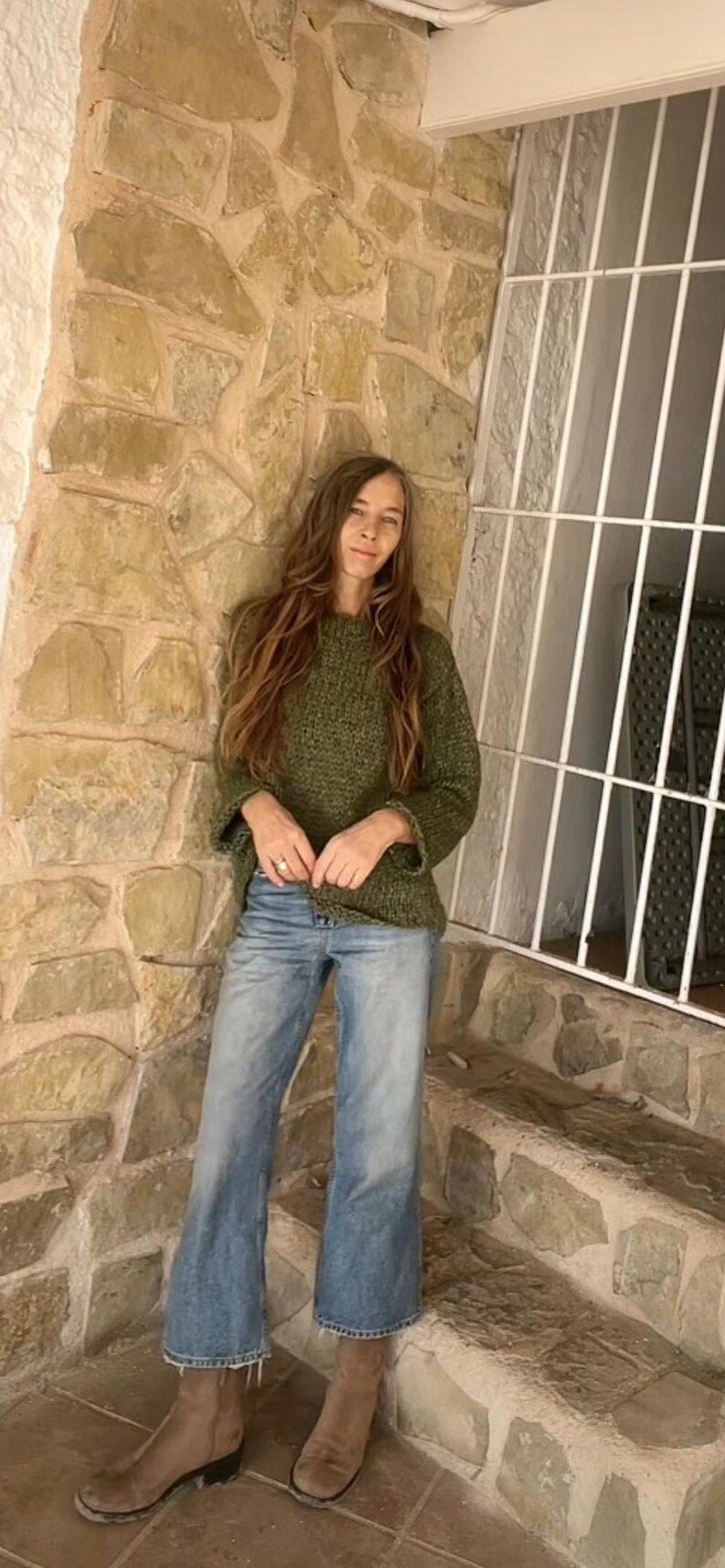 Green sweater/olive green wool Alpaca cosy sweater/Slouchy relaxed fit Jumper/winter pullover/handmade Knitwear/Handknit