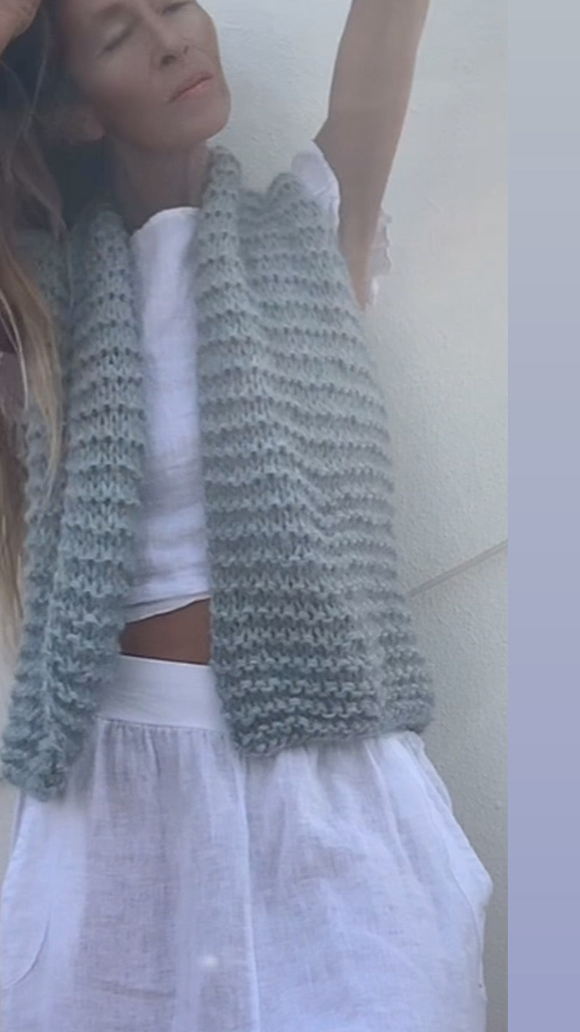 Pale blue alpaca gilet, waistcoat, pale blue, alpaca wool blend custom colours available.