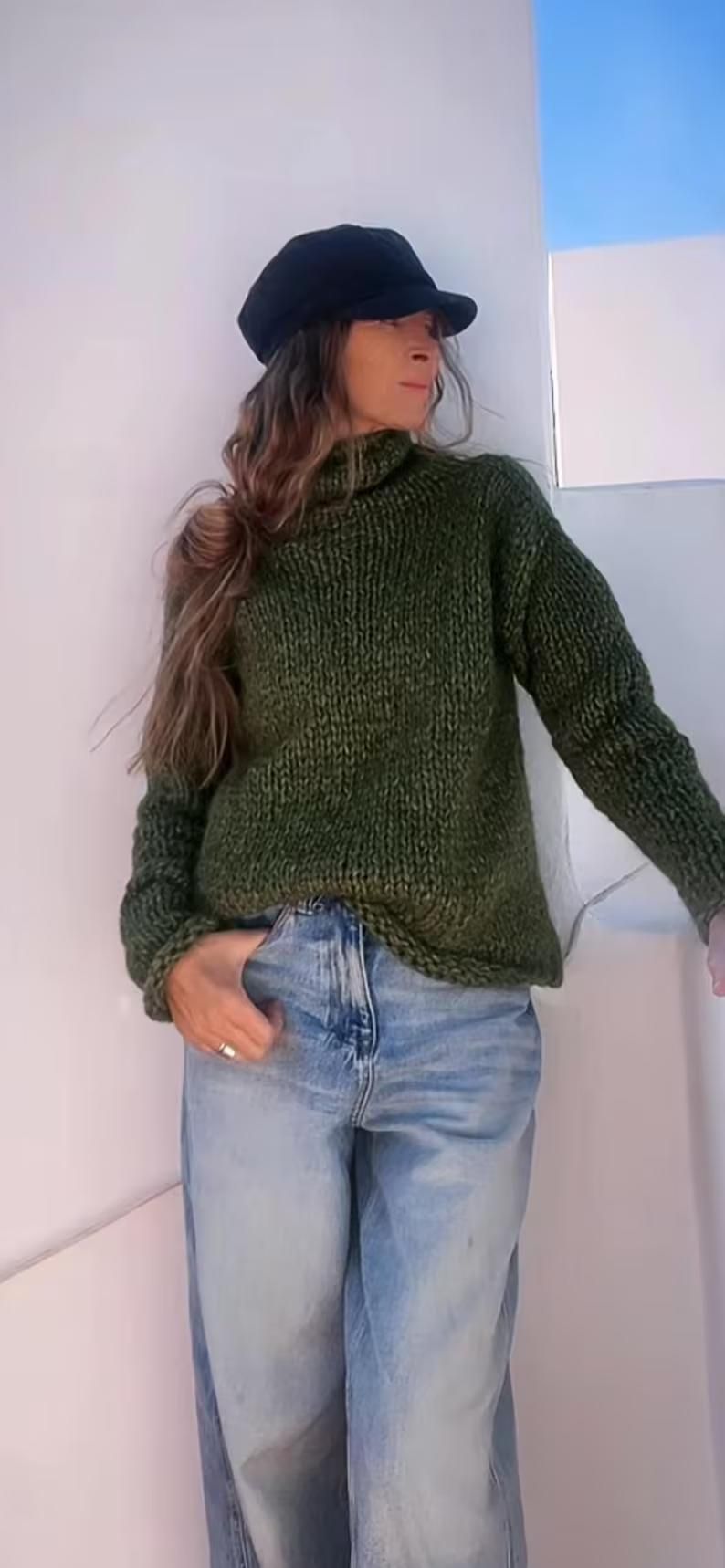 Green Alpaca Blend Sweater: Oversized Slouchy Poloneck Jumper