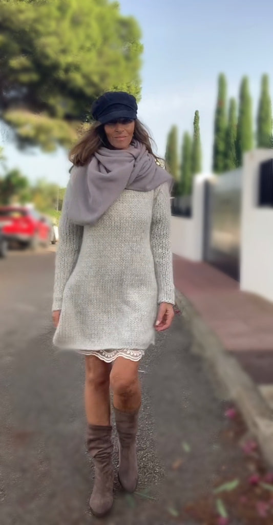 Silver gray Alpaca knit long sweater dress, slouchy with extra long sleeves sustainable ethical clothing