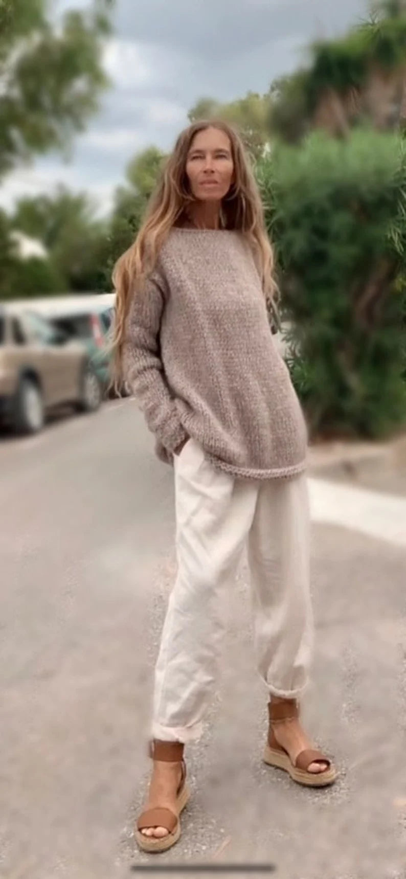 beige hand knit sweater slouchy beige pullover with extra long sleeves, over sized, Alpaca long sweater, sustainable and ethical