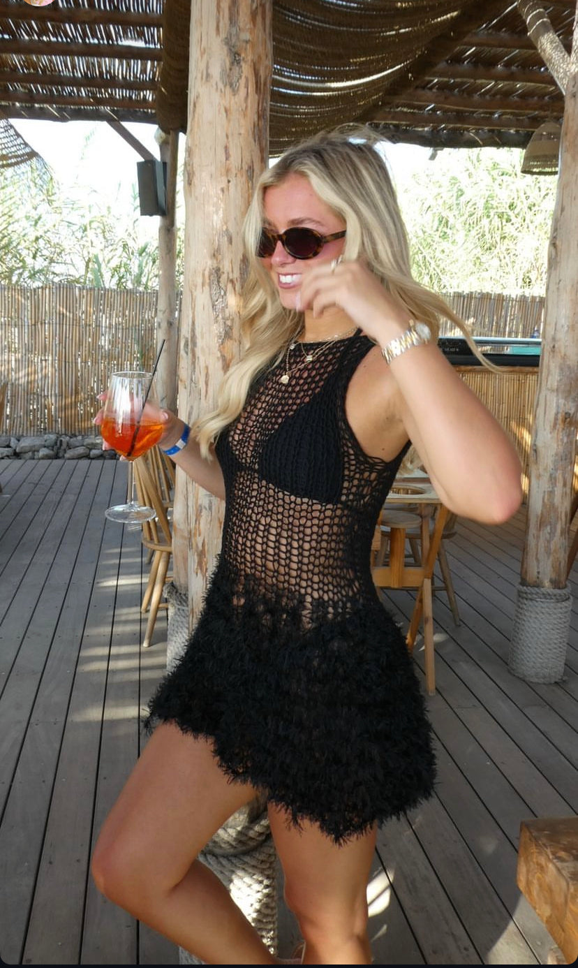 Black mini dress faux fur skirt, cotton bodice beach wear, sheer knit skater dress Ibiza style custom colours available