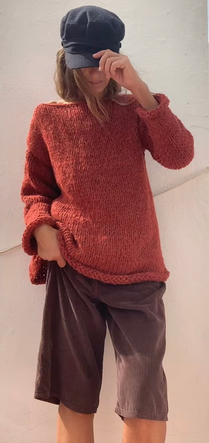 Burnt orange sweater comfy slouchy over sized Alpaca mix pullover sustainable ethical handmade hand knit