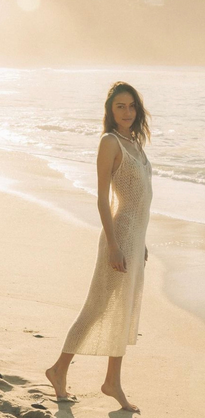 soft ivory white, long maxi dress, backless, sheer knit beach dress