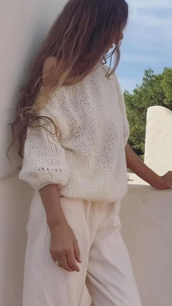 Ivory white puff sleeve sweater,  lightweight alpaca summer sweater, sustainable and ethically made