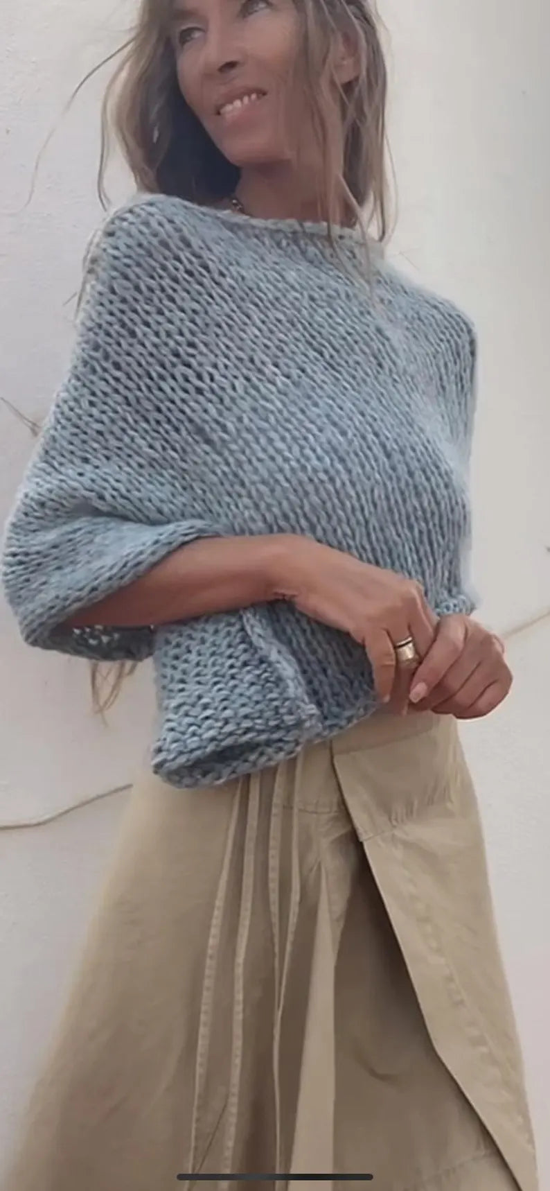 Pale Blue green poncho, alpaca cover-up, sustainable, ethical, capelet