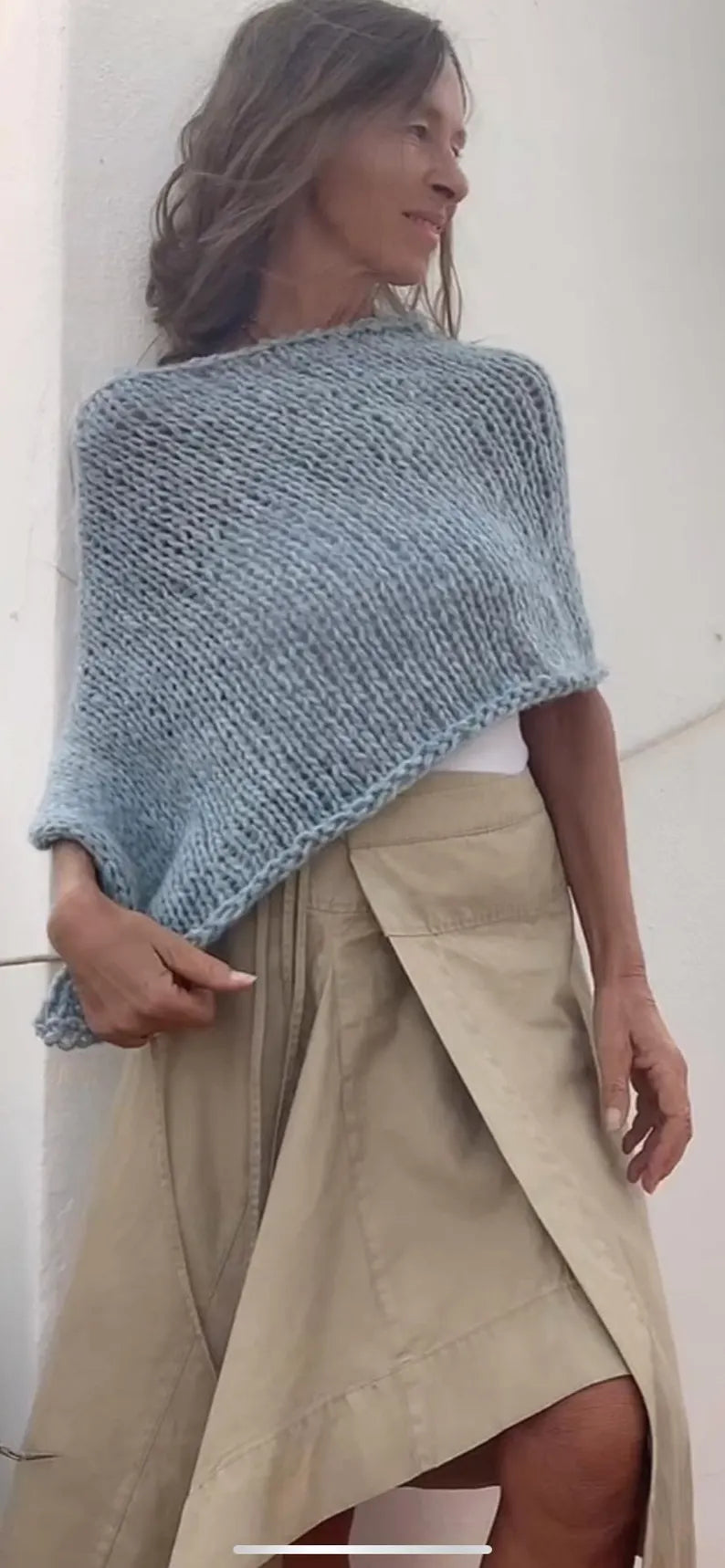 Pale Blue green poncho, alpaca cover-up, sustainable, ethical, capelet