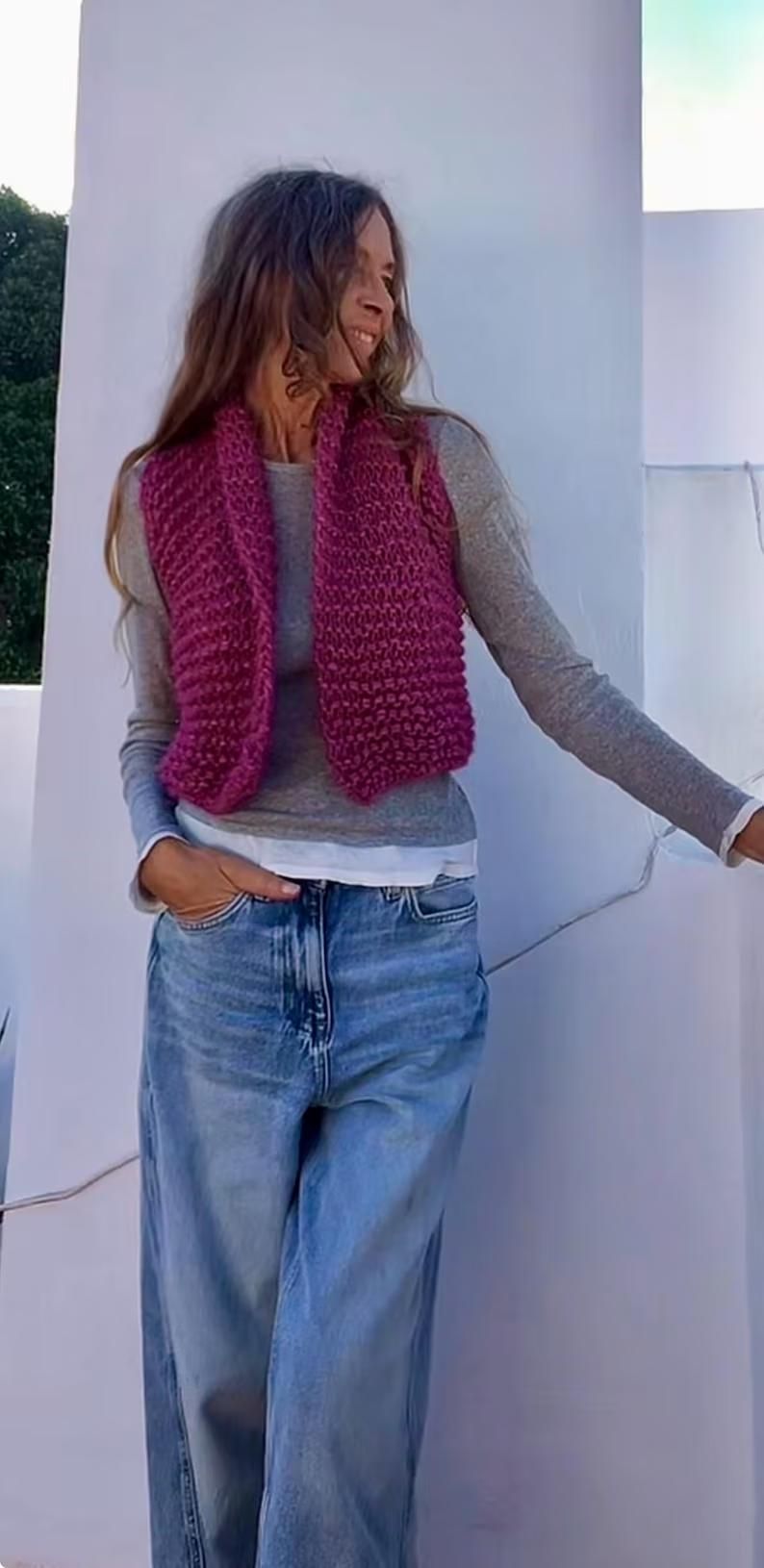 pink vest gilet, Handknit Alpaca Gilet: Sleeveless Knit Vest, Custom Colors