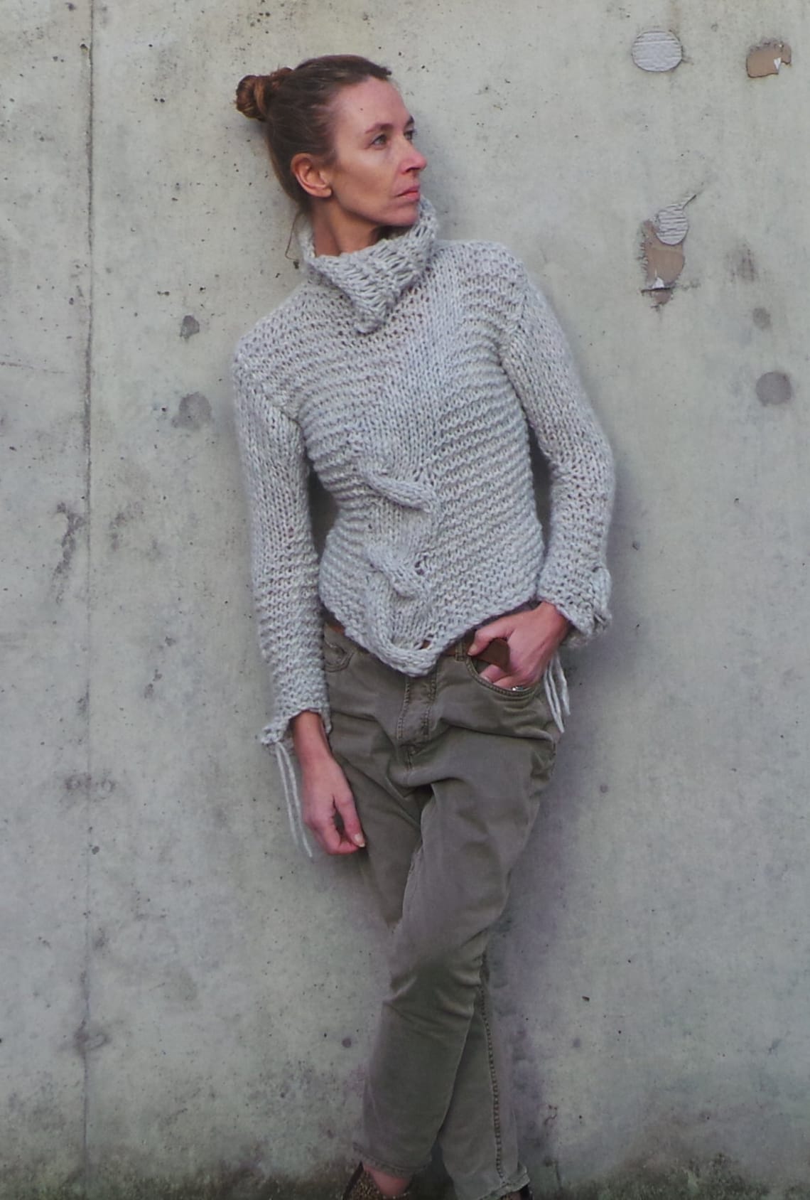 alpaca sweater, Silver gray Cable knit jumper, pullover polo-neck with cable detail Hand knit