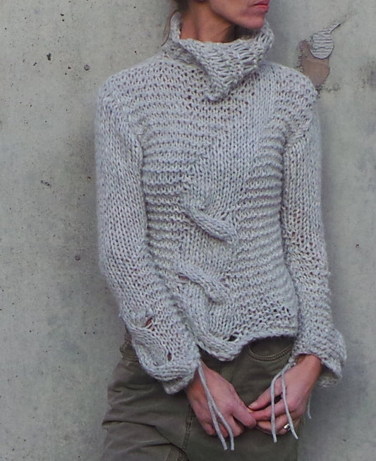 alpaca sweater, Silver gray Cable knit jumper, pullover polo-neck with cable detail Hand knit