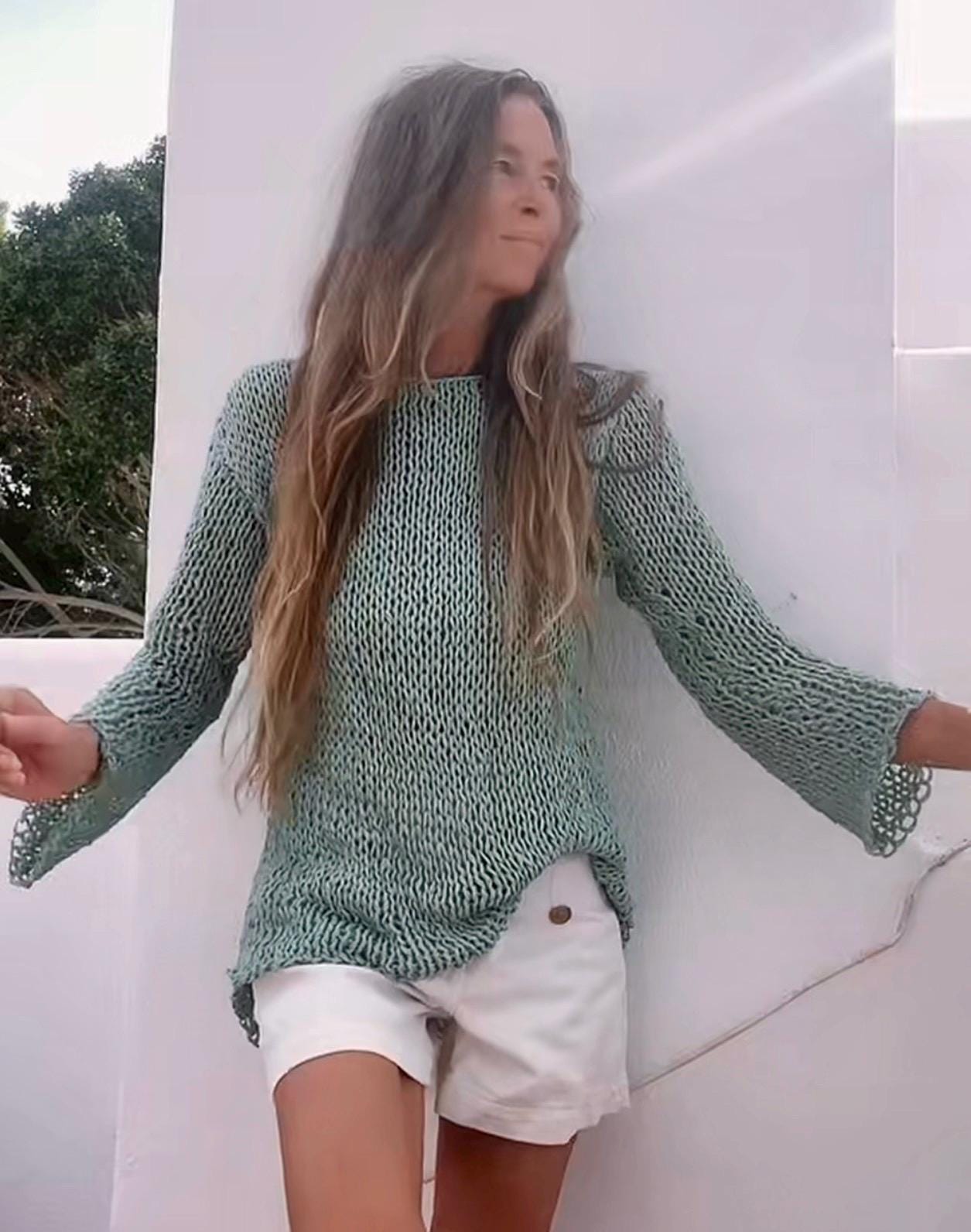 Linen Sweater: Slouchy aqua marine/turquoise Summer Top, Wide Sleeves handknit