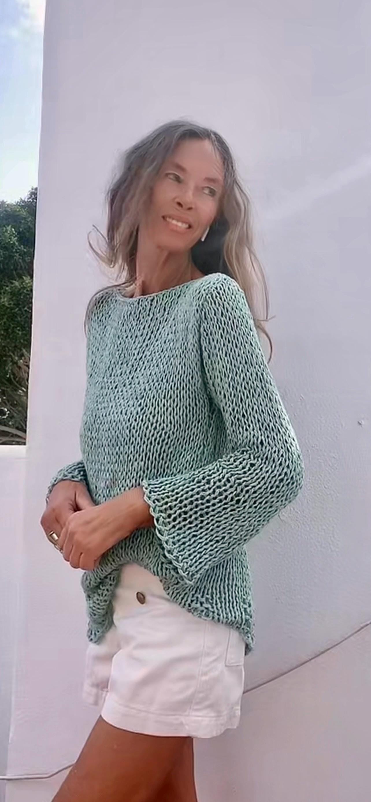 Linen Sweater: Slouchy aqua marine/turquoise Summer Top, Wide Sleeves handknit