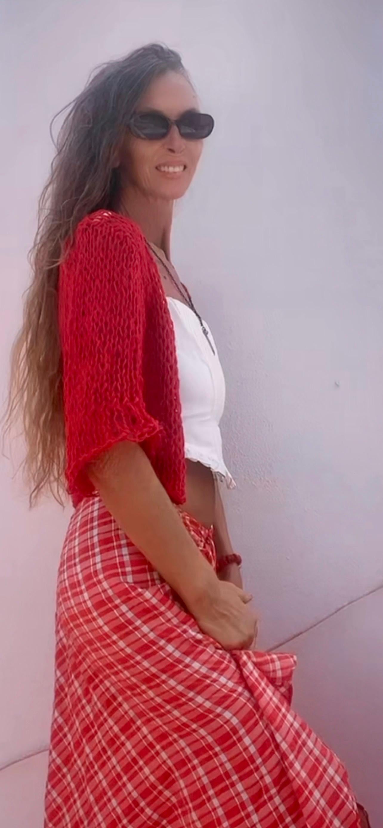 Red Linen Cotton Knit Bolero Shrug - Cropped Cardigan