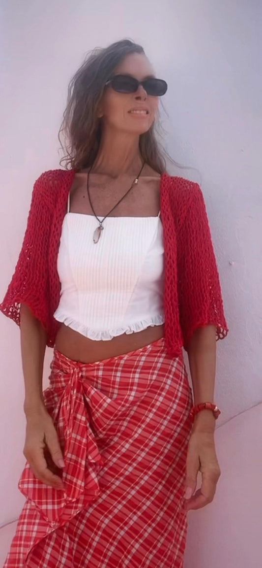Red Linen Cotton Knit Bolero Shrug - Cropped Cardigan