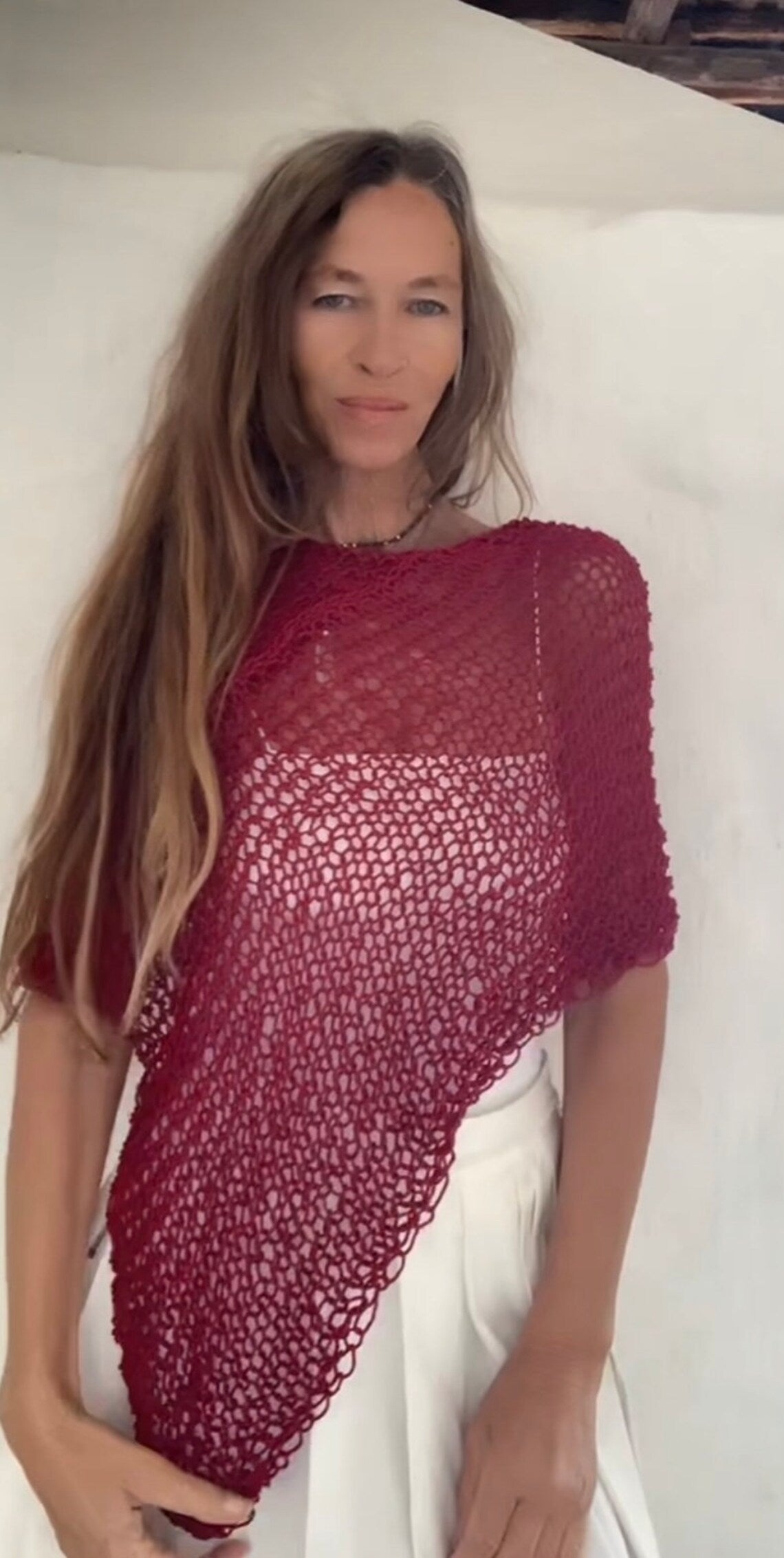 Burgundy red Poncho, cotton Poncho, Hand knit ethical sustainable vegan clothing
