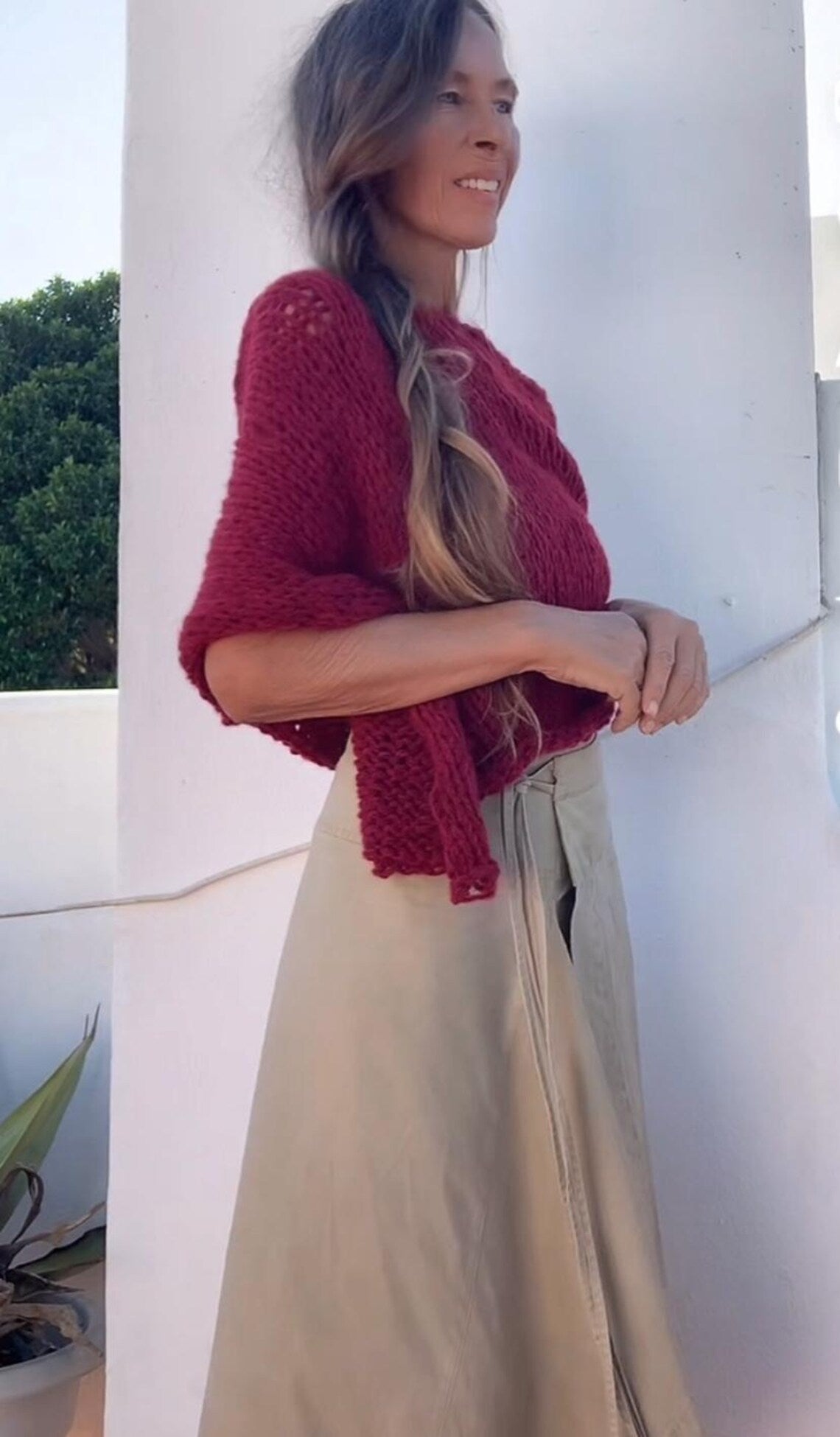 Red Alpaca Blend Knit Poncho: Handmade Capelet