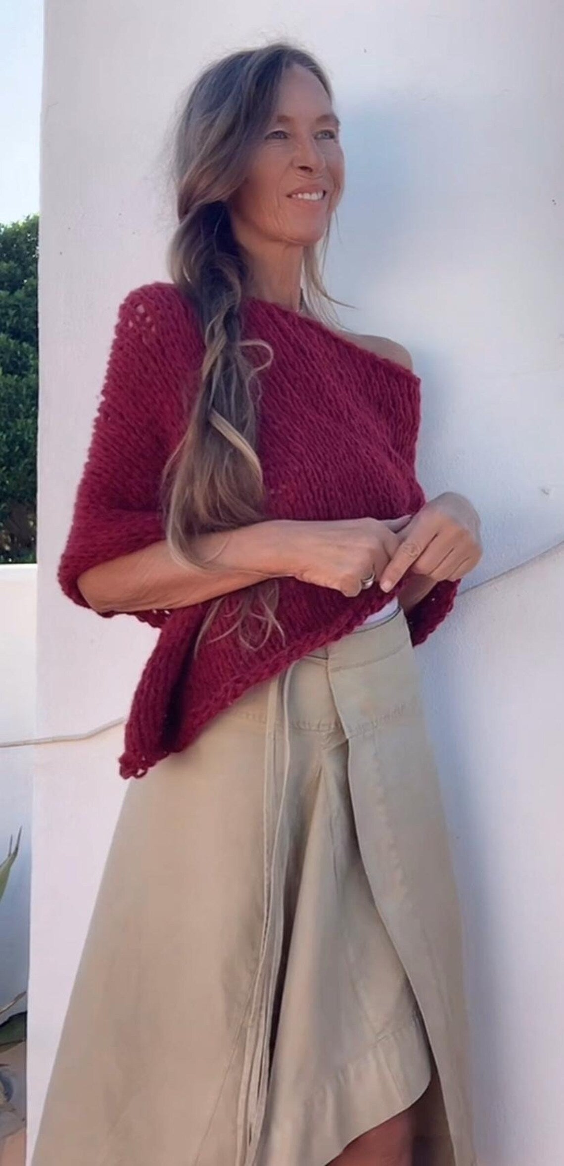Red Alpaca Blend Knit Poncho: Handmade Capelet