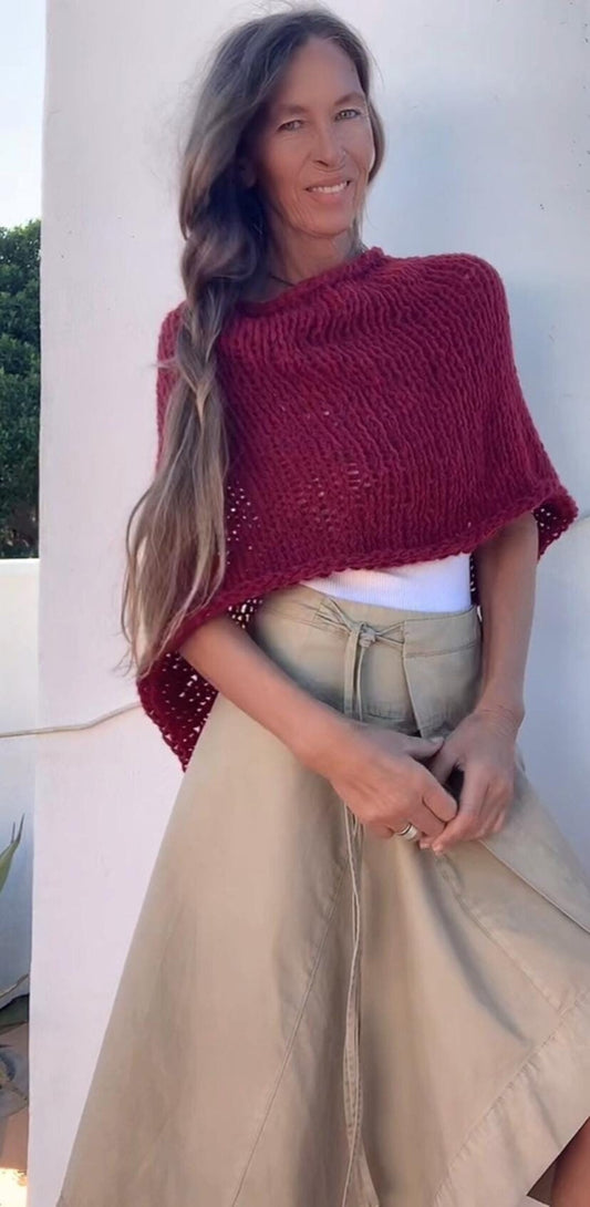Red Alpaca Blend Knit Poncho: Handmade Capelet