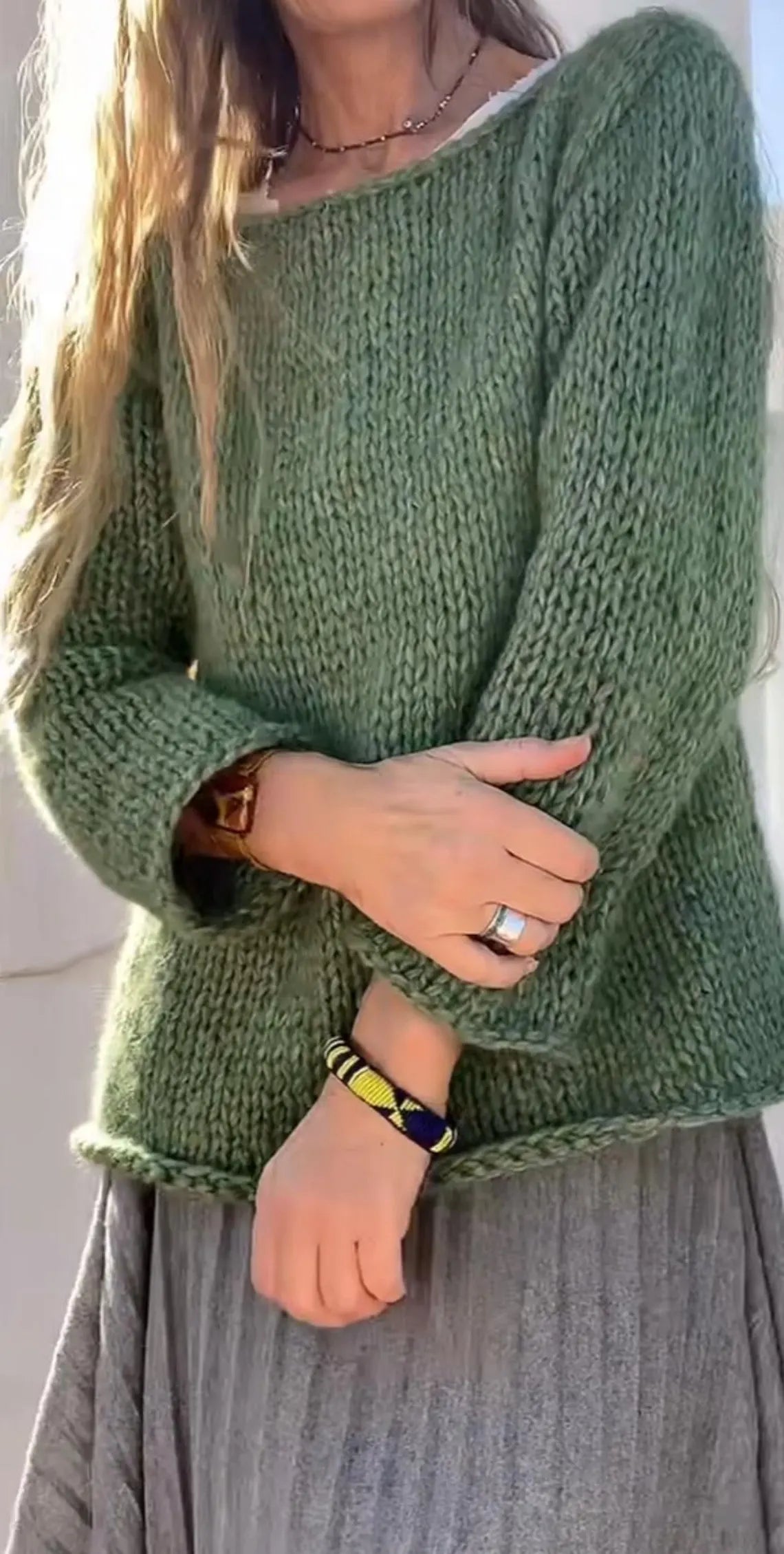 Hand Knit Green Alpaca Blend Sweater: Slouchy Oversized Pullover