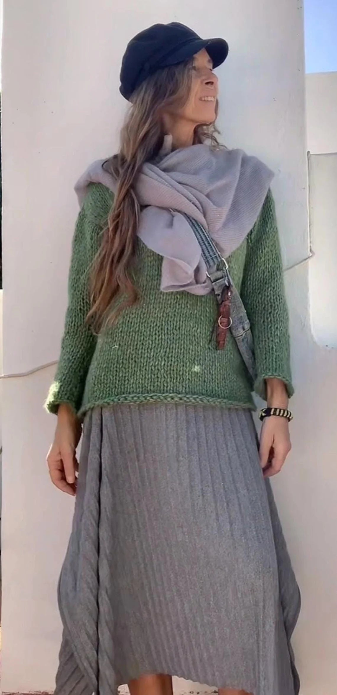 Hand Knit Green Alpaca Blend Sweater: Slouchy Oversized Pullover