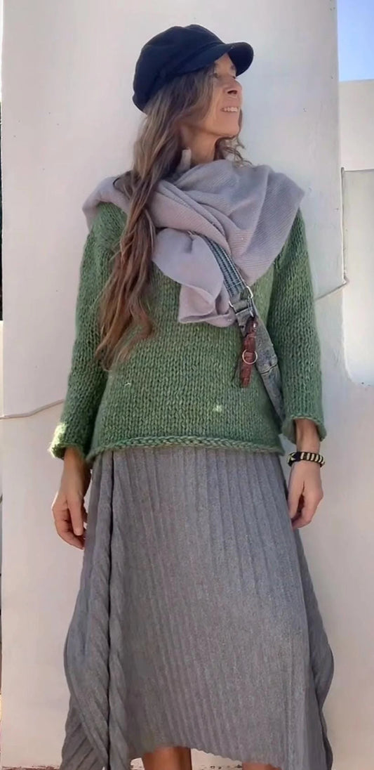 Hand Knit Green Alpaca Blend Sweater: Slouchy Oversized Pullover