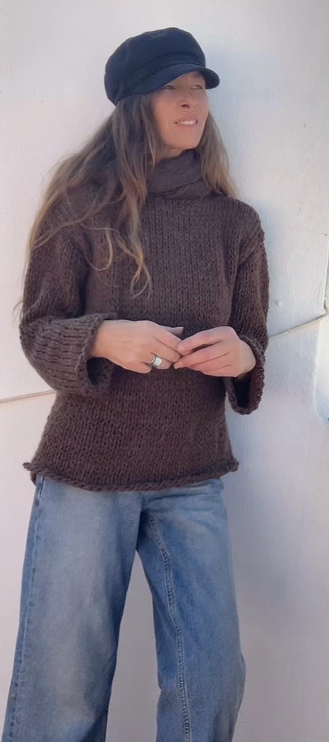 Brown Handknit Alpaca Sweater: Women's Slouchy Pullover no Acrylic
