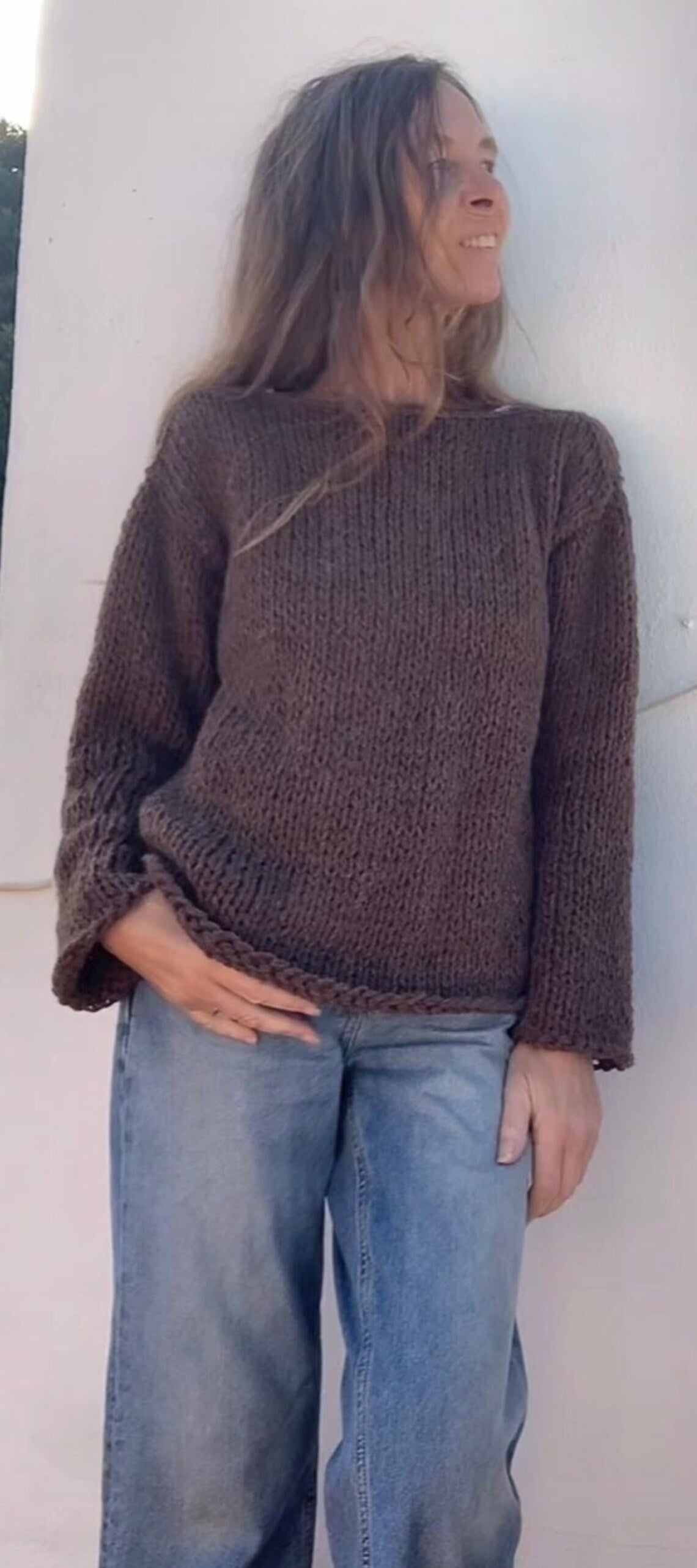 Brown Handknit Alpaca Sweater: Women's Slouchy Pullover no Acrylic