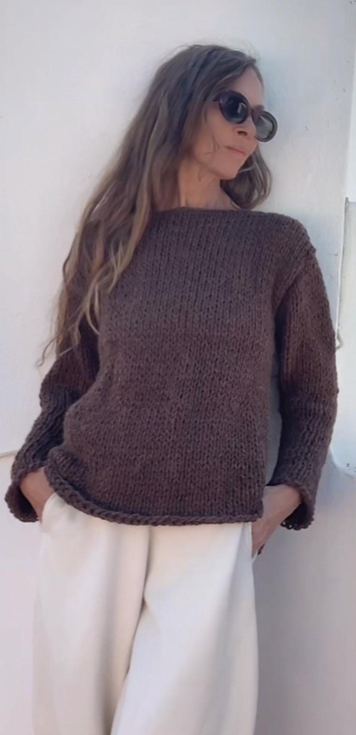 Brown Handknit Alpaca Sweater: Women's Slouchy Pullover no Acrylic